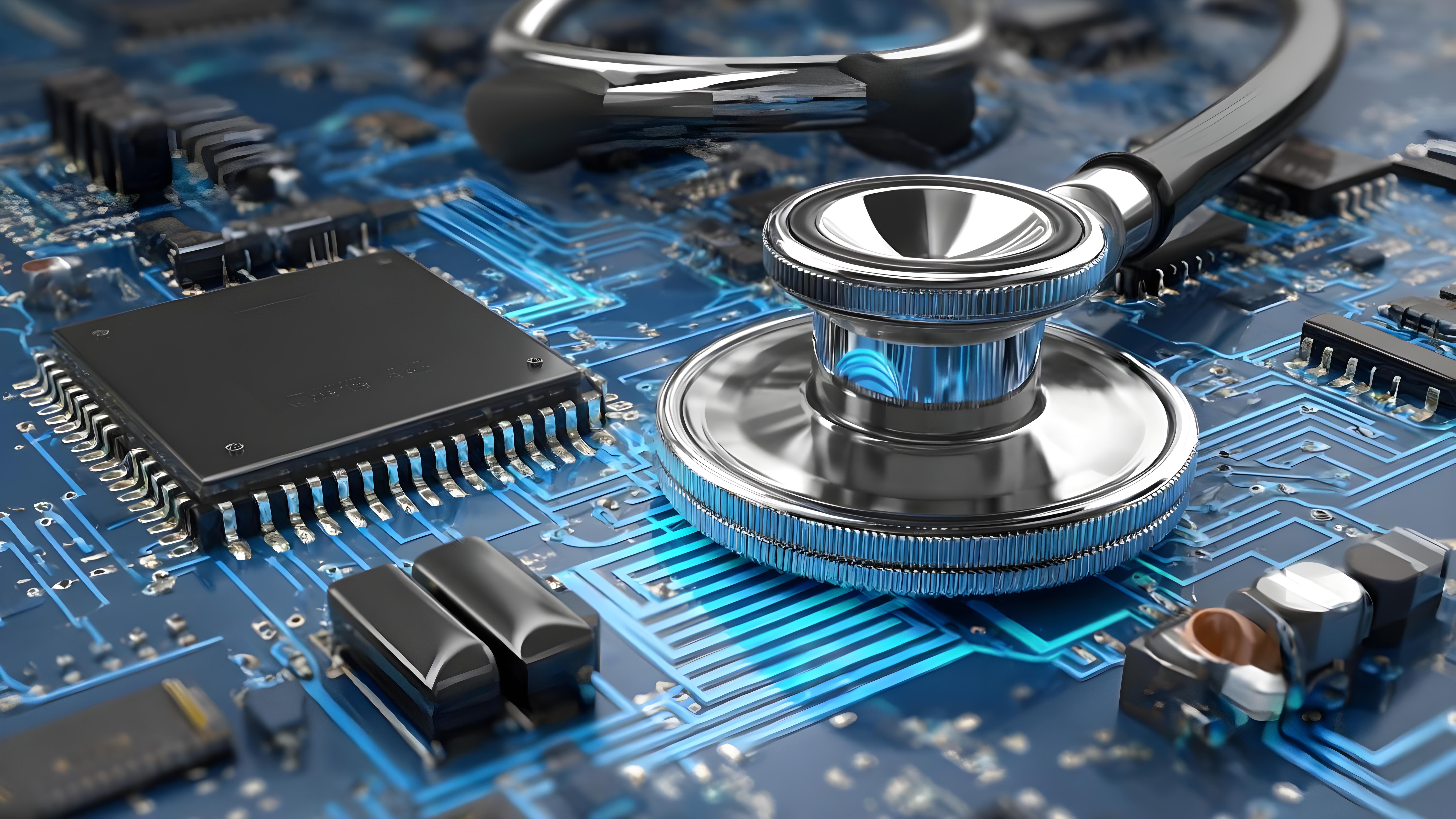 Stethoscope resting on a blue computer motherboard, blending medicine with electronics. Concept Medical Technology, Biomedical Engineering, Healthcare Tech, Digital Health, Medicine and Electronics