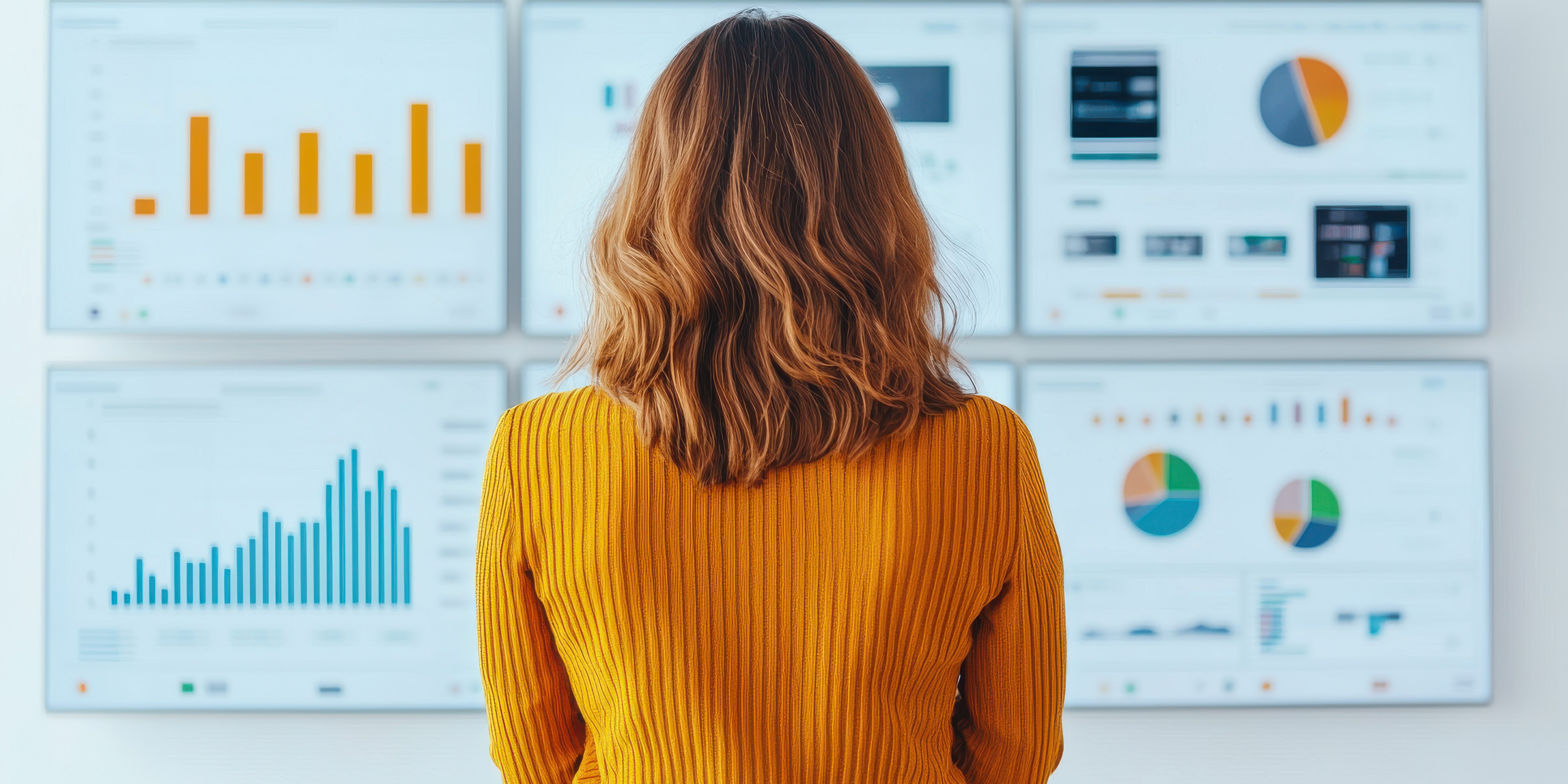 A woman with curly hair observes multiple data analysis screens showcasing various graphs and charts.