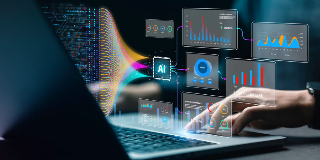 Data analysis science and big data with AI technology. Analyst or Scientist uses a computer and dashboard for analysis of information on complex data sets on computer. Insights development engineer